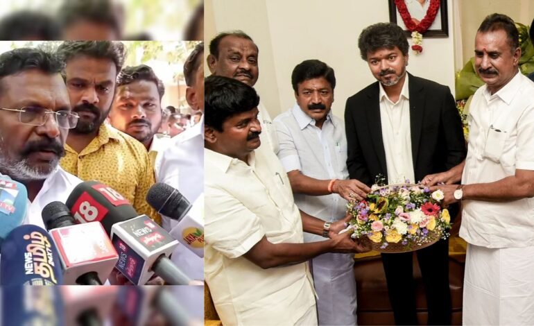 VCK Chief Thirumavalavan clarifying that AIADMK will not be part of the TVK cabinet during a political press conference.