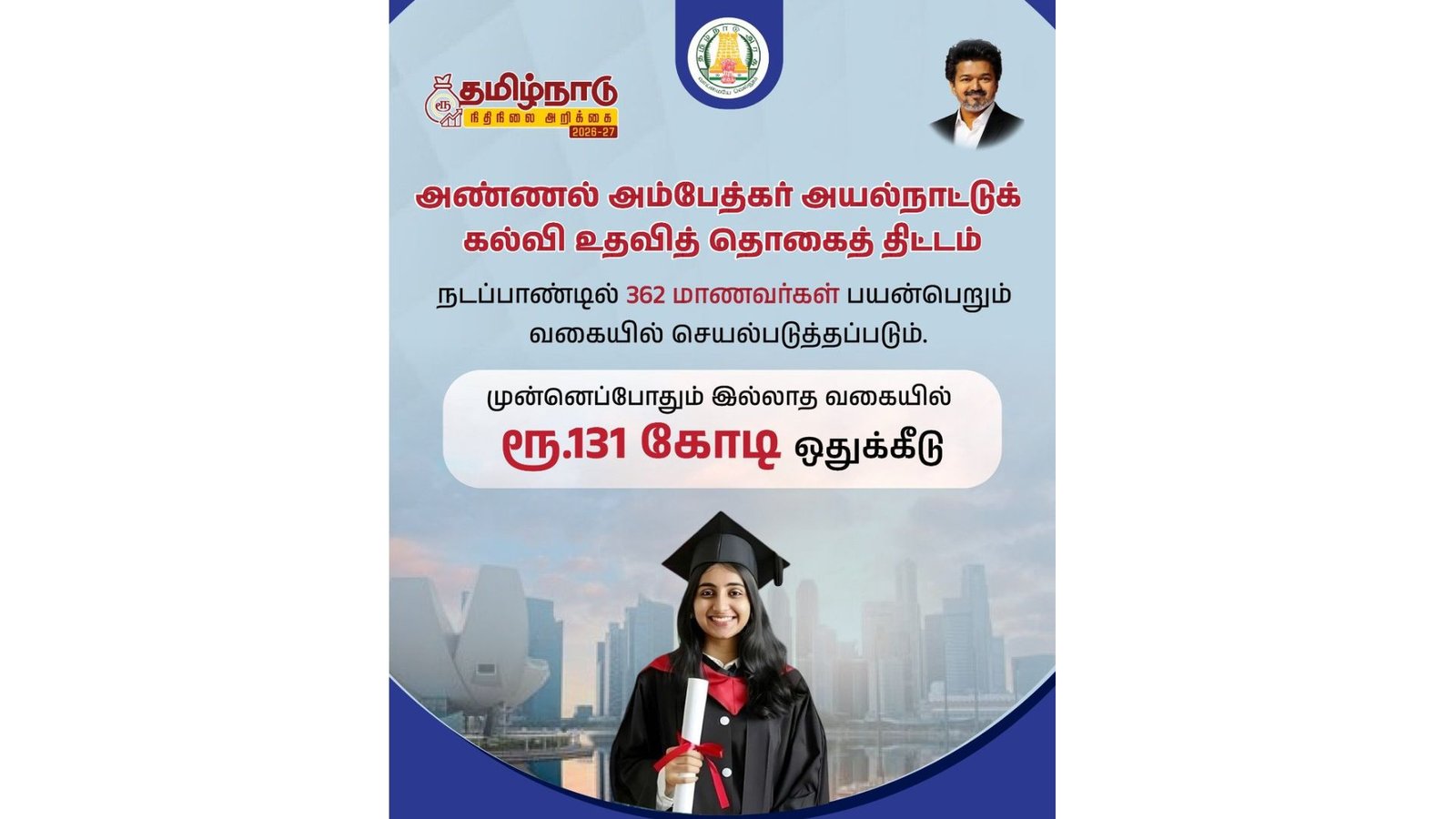அம்பேத்கர் அயல்நாட்டு கல்வி உதவித் தொகை திட்டம்! தமிழக பட்ஜெட் 2026 சமூக நீதித் துறை அறிவிப்புகள்!